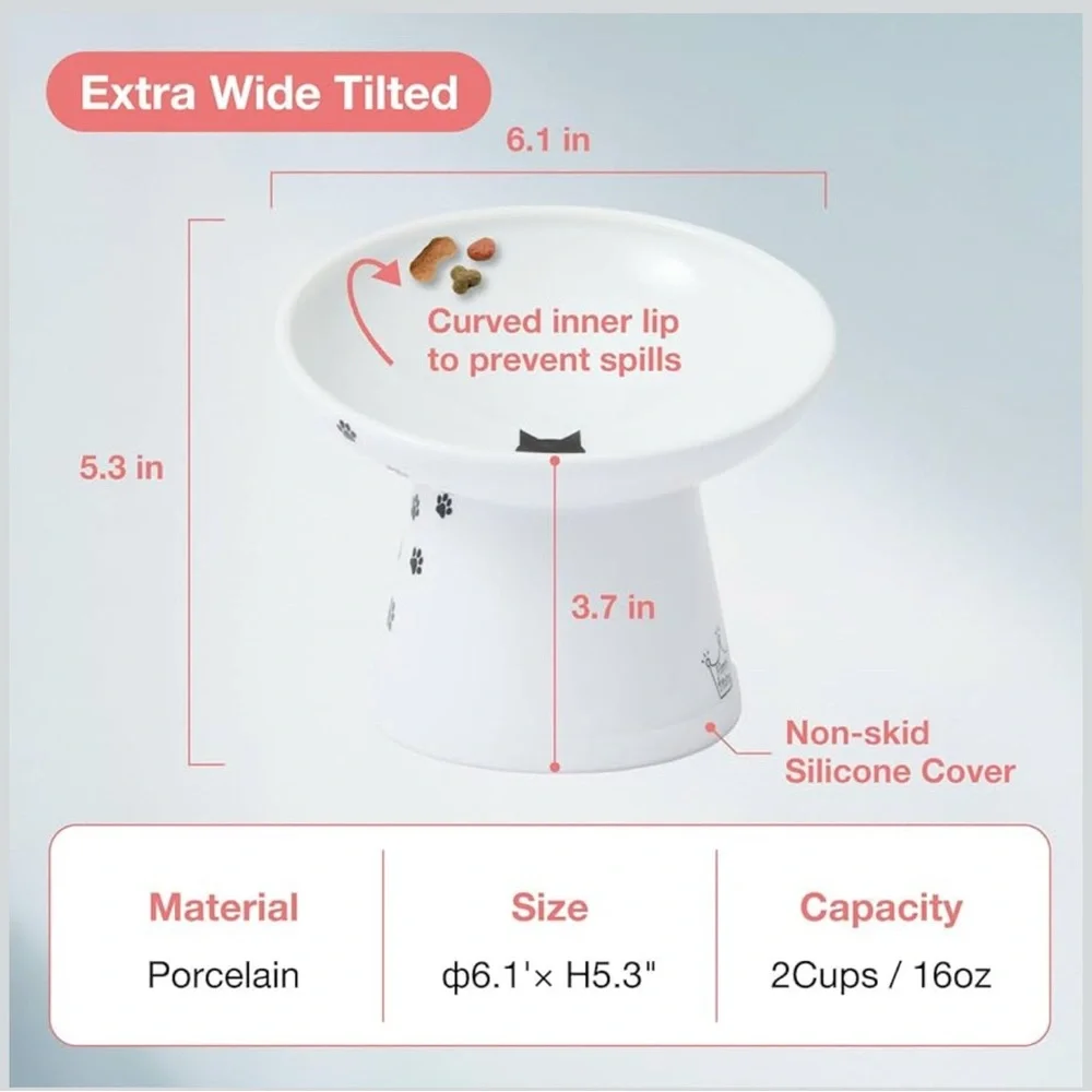 Necoichi Raised Ceramic Cat Bowl Extra Wide Tilted
